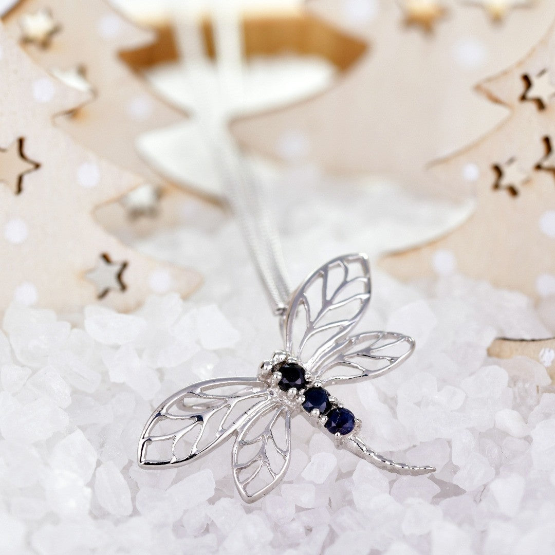 sapphire ink blue dragonfly necklace sterling silver designed in the UK