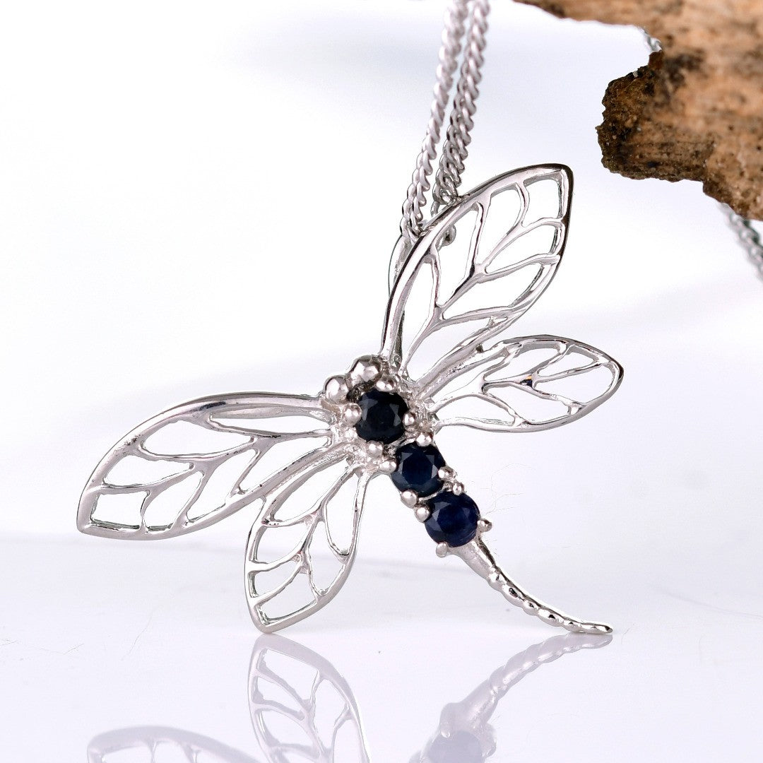 Sapphire Ink Blue Dragonfly Necklace Sterling Silver