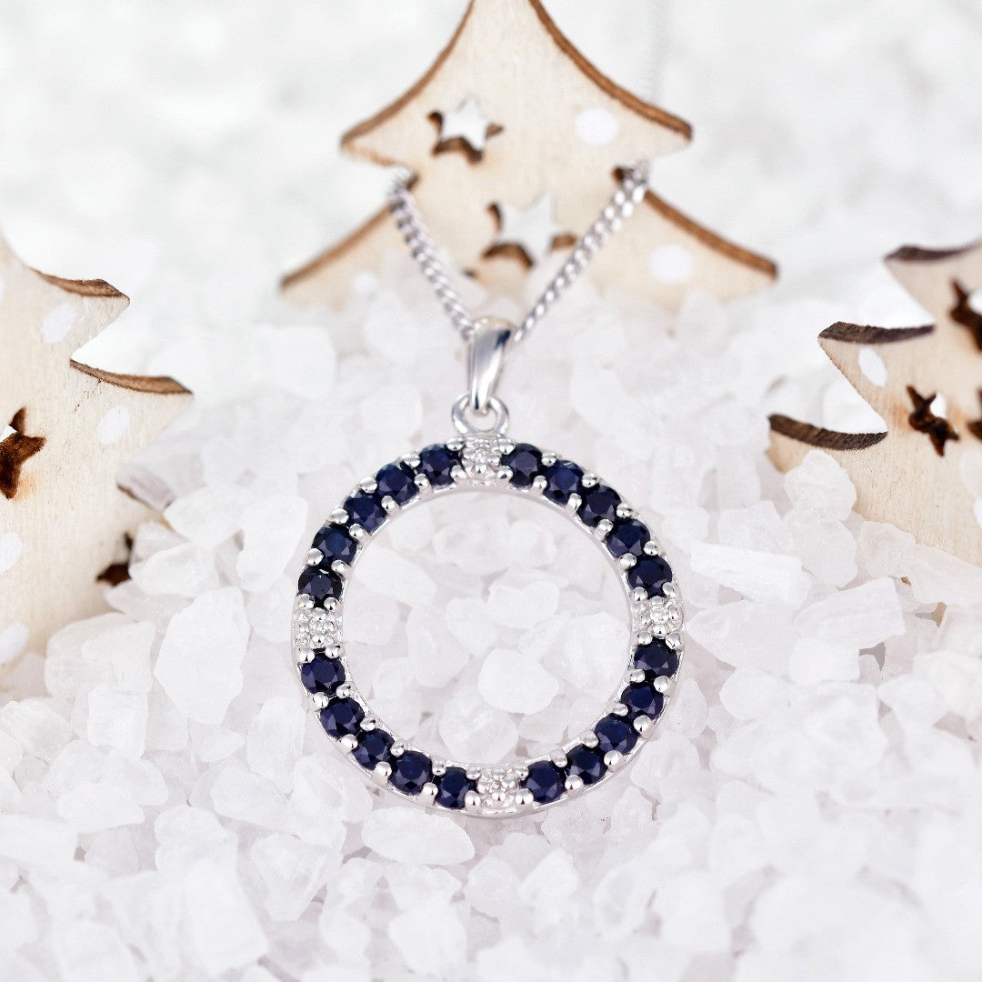 Sapphire Diamond Circle Necklace in Sterling Silver