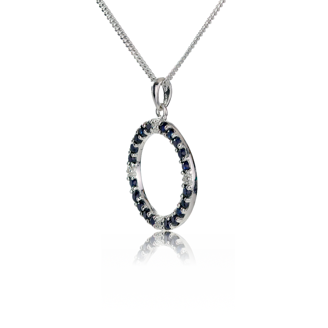 Sapphire Diamond Circle Necklace in Sterling Silver