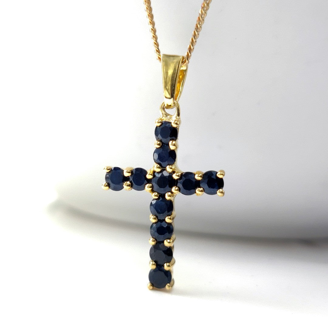 Silver Necklace Gold Plate 1.65ct Sapphire Blue Cross 18'' Chain