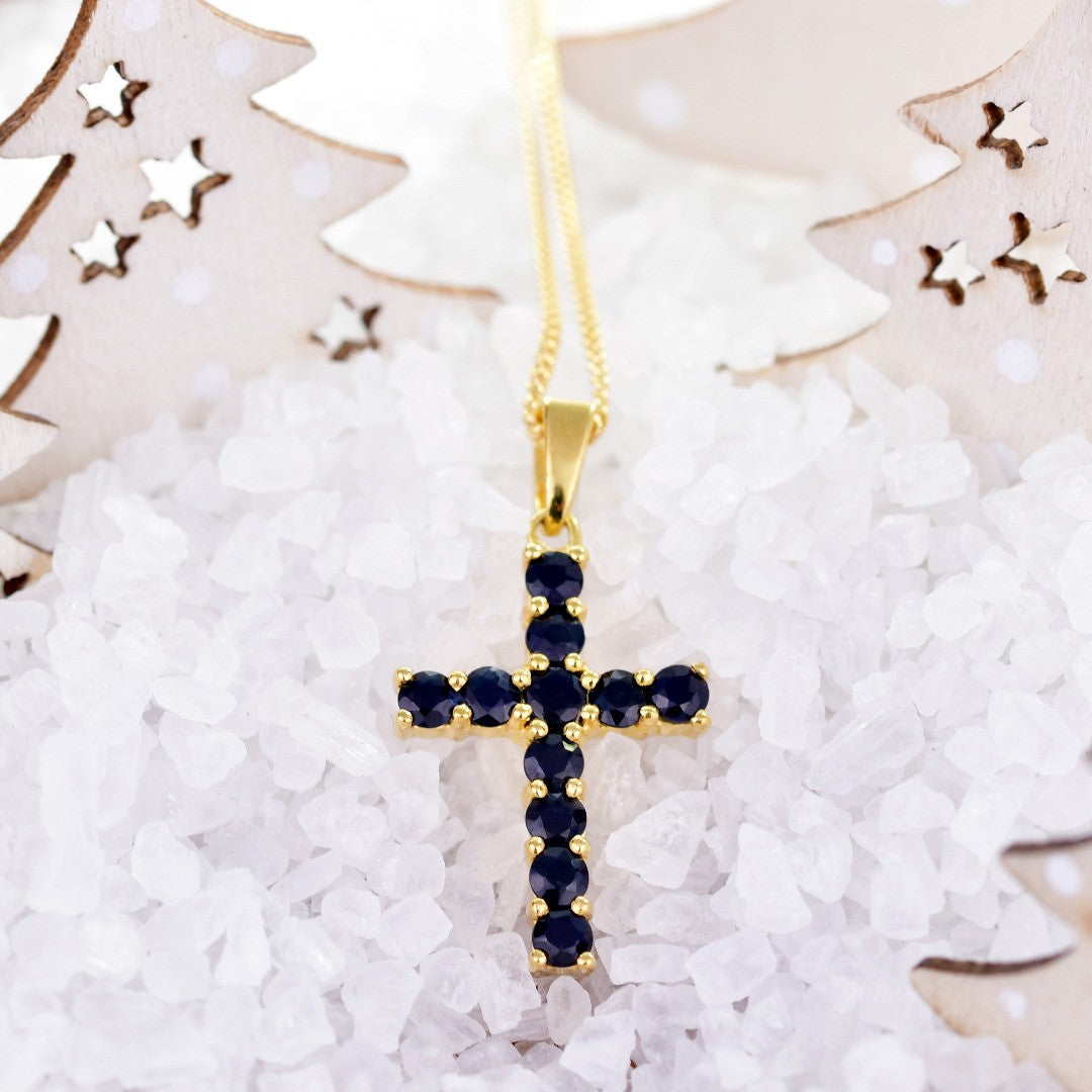 Silver Necklace Gold Plate 1.65ct Sapphire Blue Cross 18'' Chain