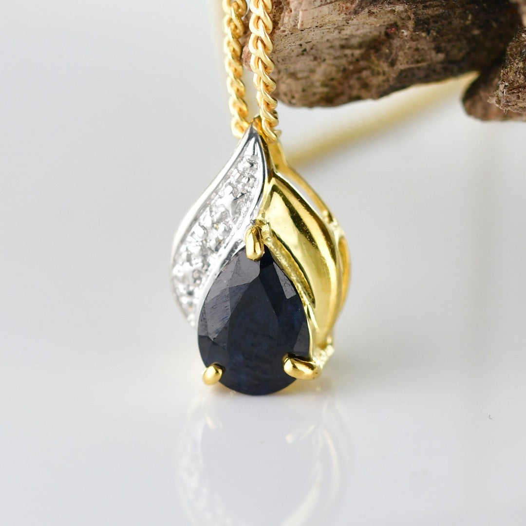 Silver Diamond Necklace Gold Plate Sapphire Blue 0.75ct Pear 18'' Chain Ojewellery