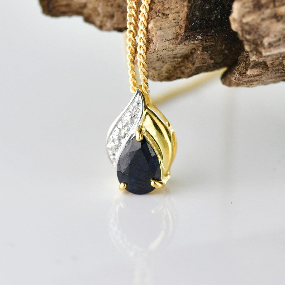 Silver Diamond Necklace Gold Plate Sapphire Blue 0.75ct Pear 18'' Chain Ojewellery