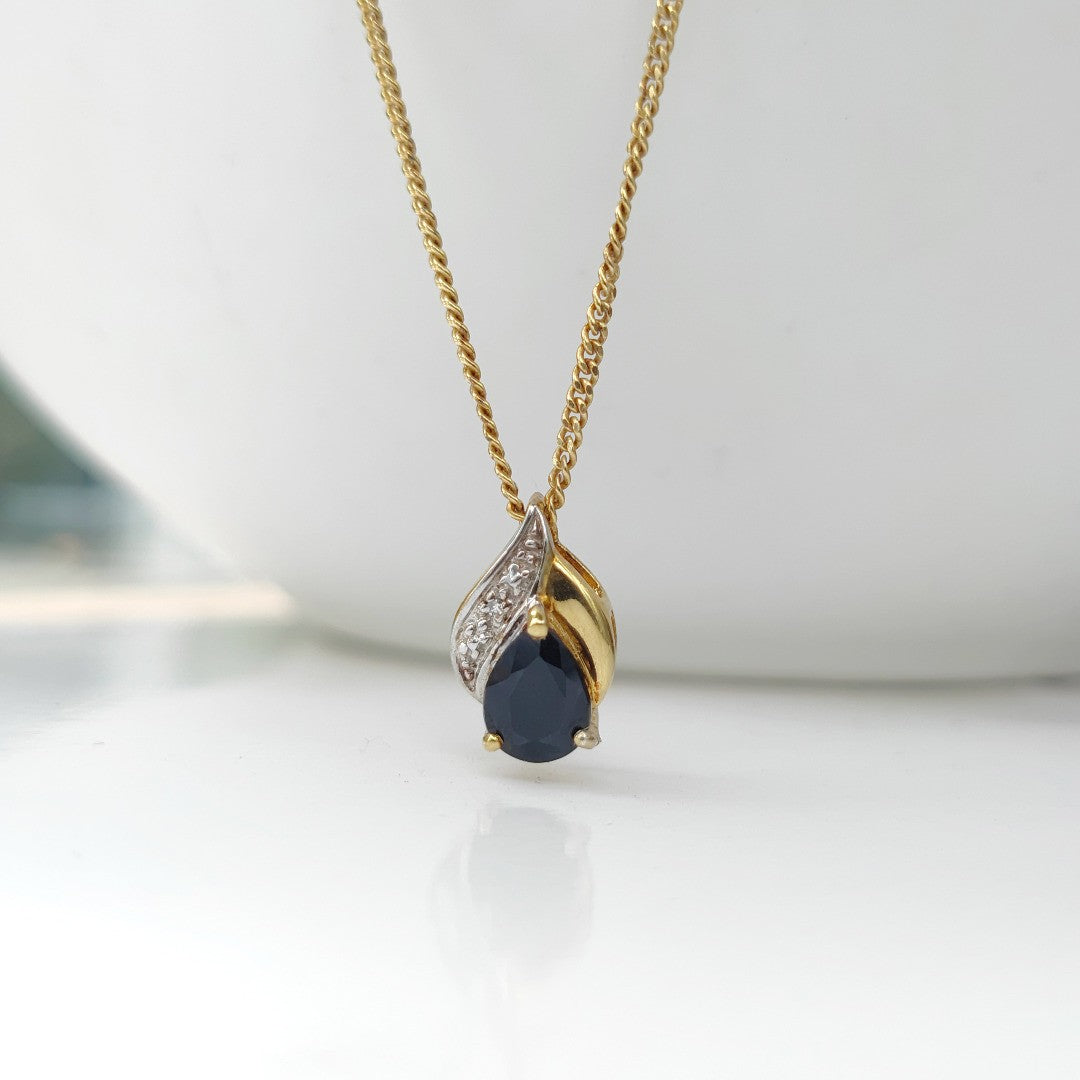 Silver Diamond Necklace Gold Plate Sapphire Blue 0.75ct Pear 18'' Chain Ojewellery