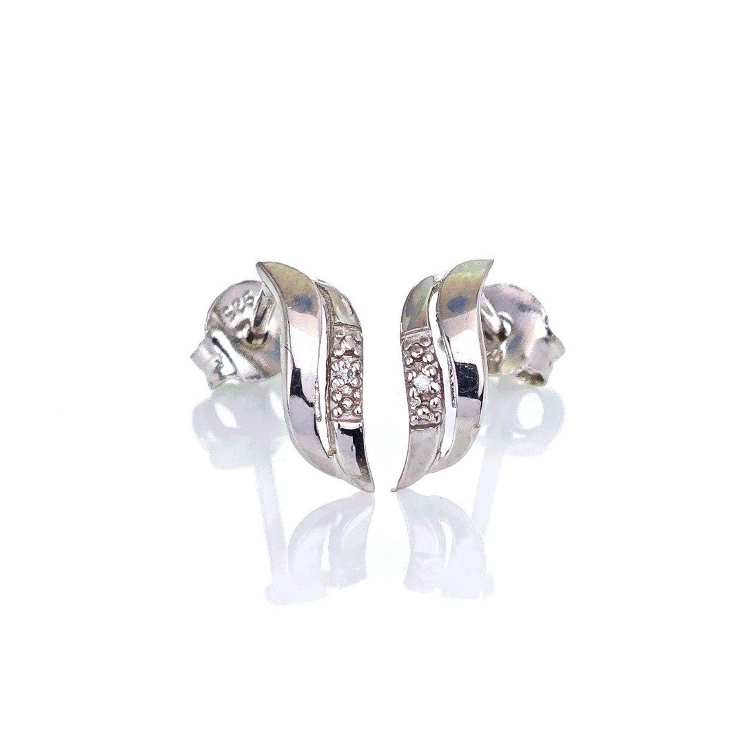 Silver Diamond Earrings Stud Wave Double