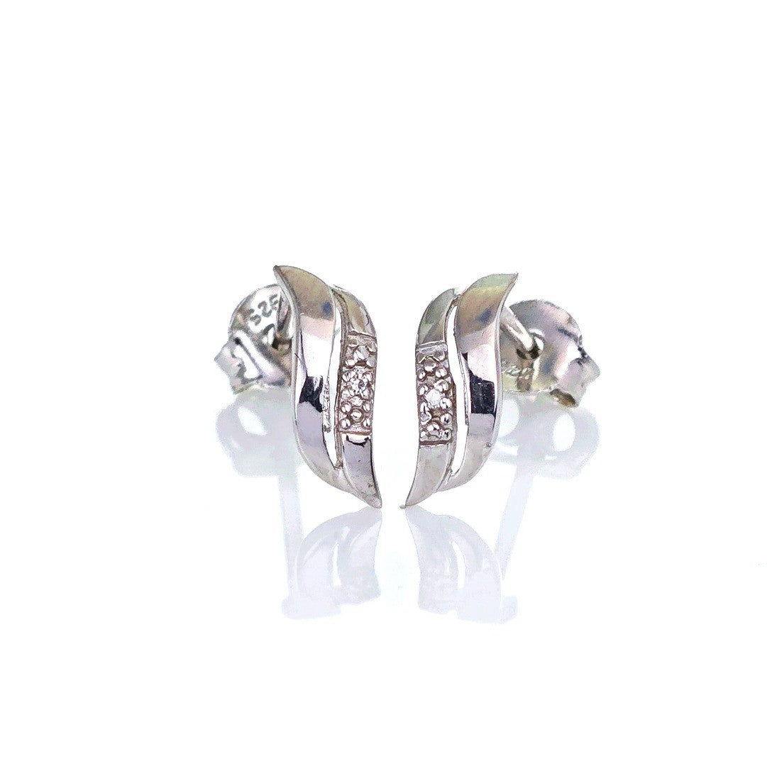 Silver Diamond Earrings Stud Wave Double