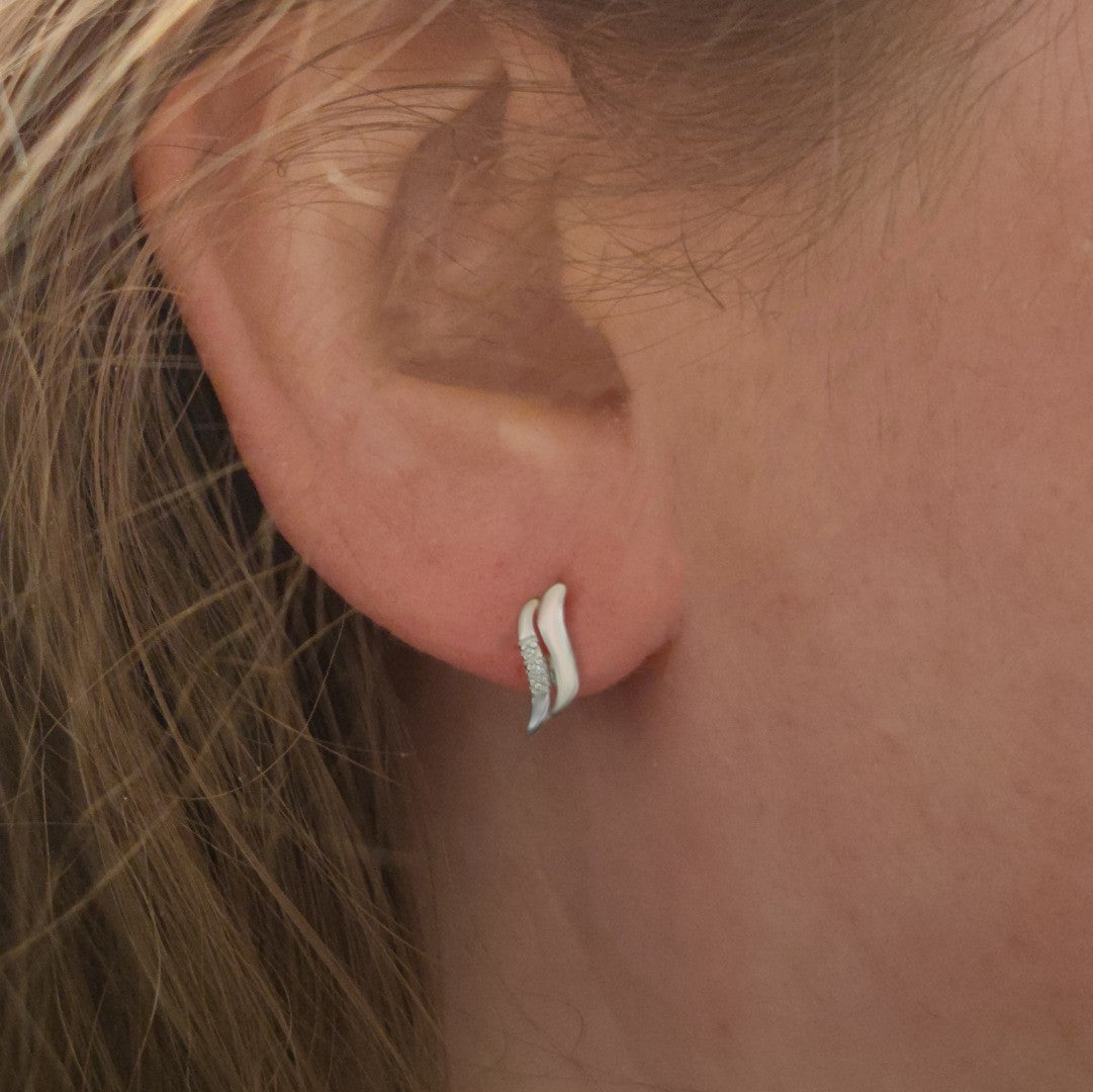 Silver Diamond Earrings Stud Wave Double