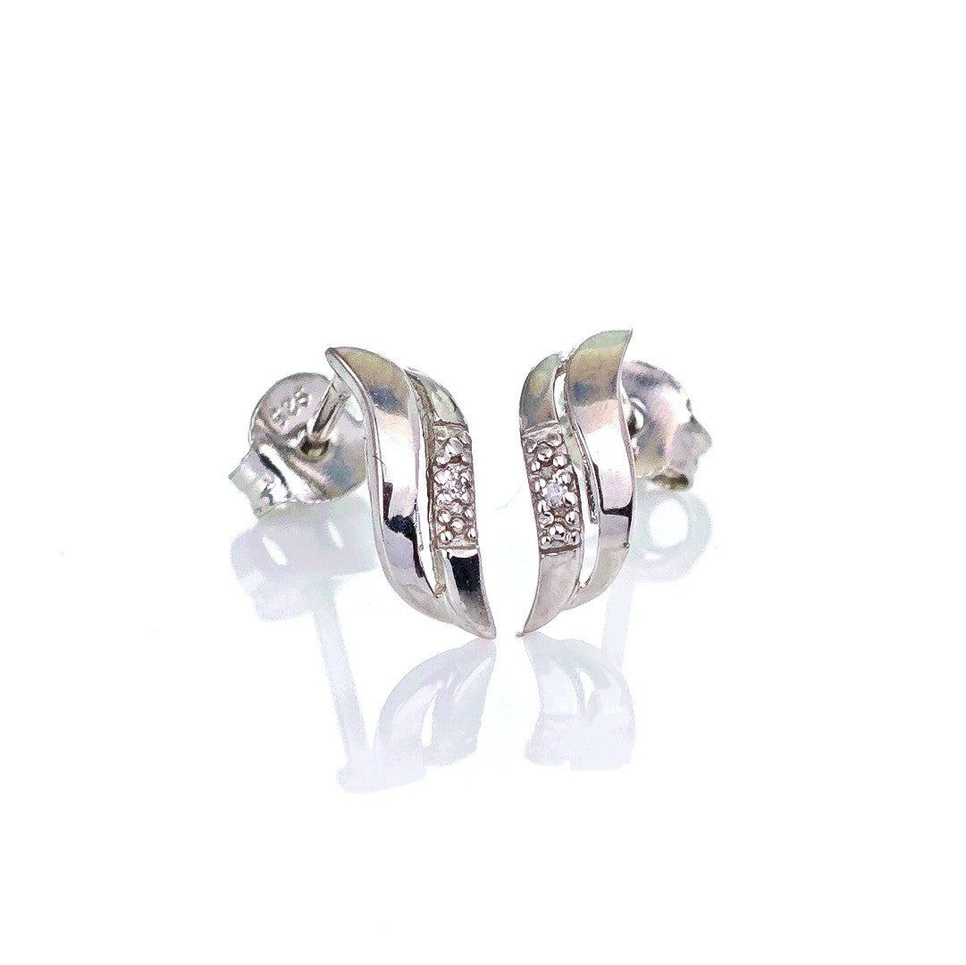Silver Diamond Earrings Stud Wave Double