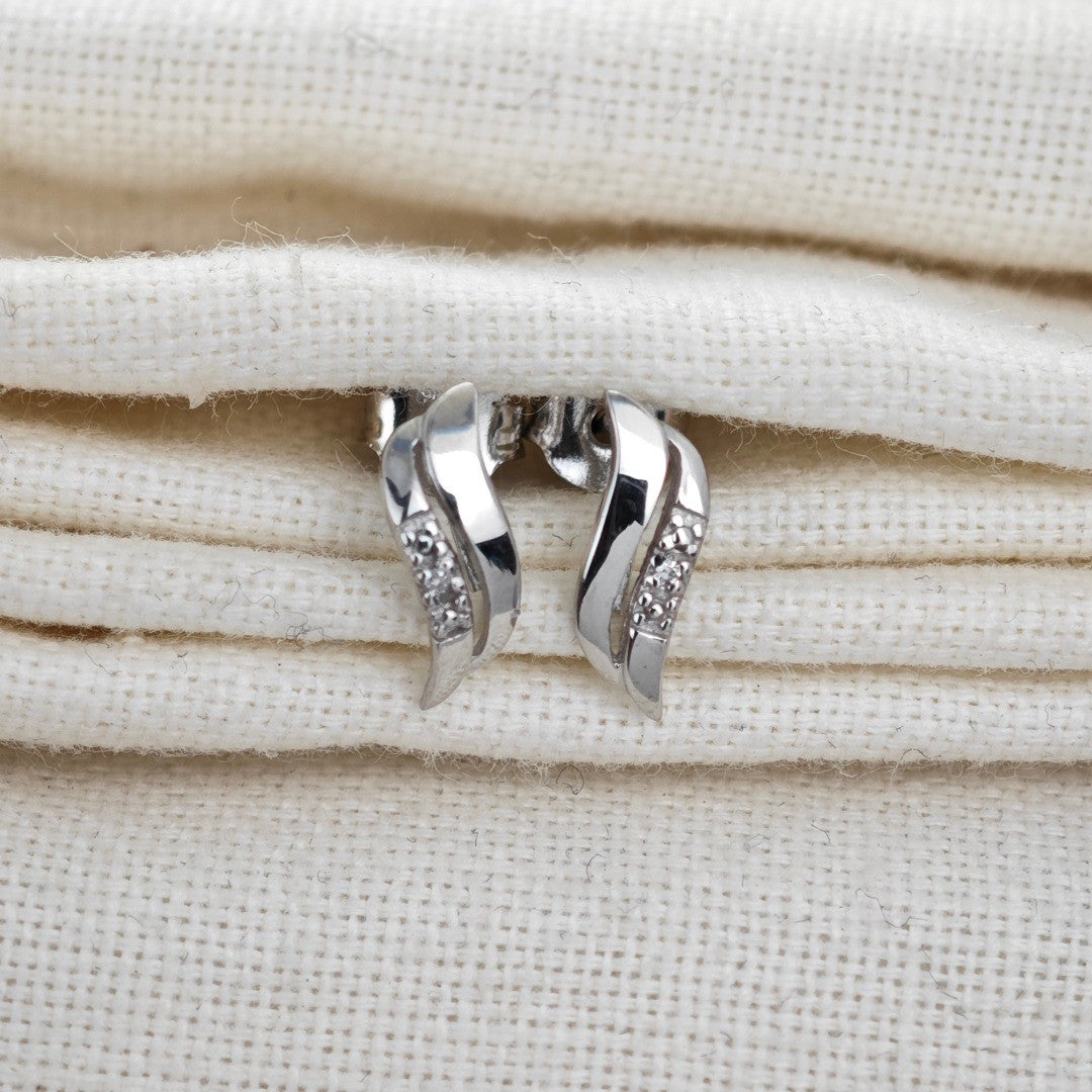 Silver Diamond Earrings Stud Wave Double