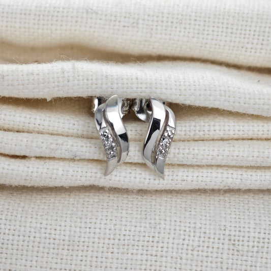 Silver Diamond Earrings Stud Wave Double