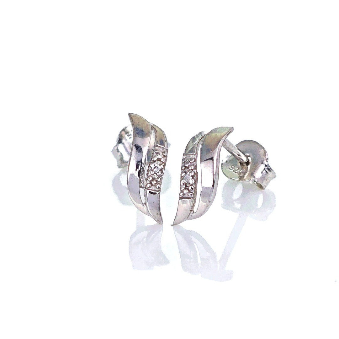 Silver Diamond Earrings Stud Wave Double