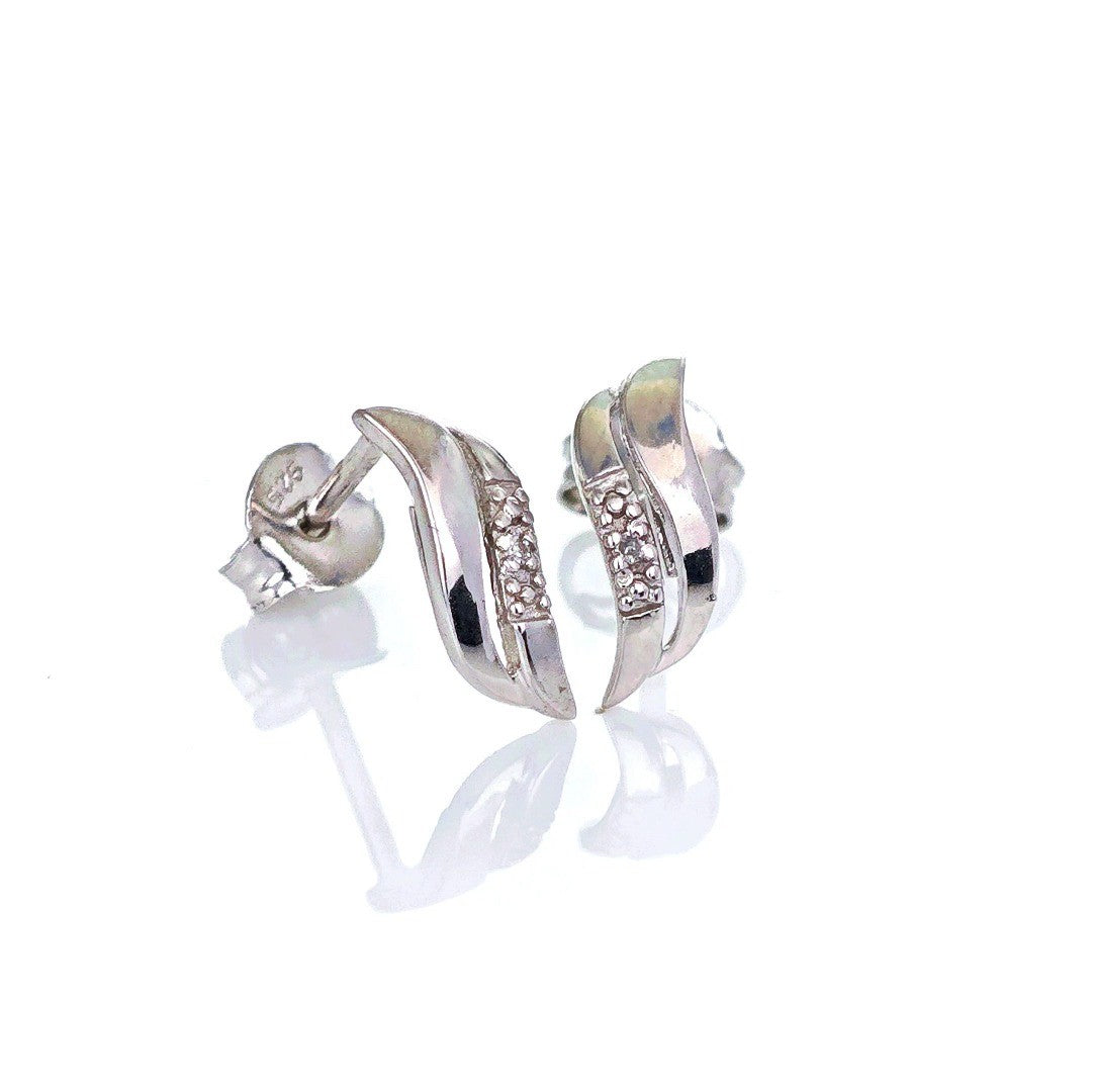 Silver Diamond Earrings Stud Wave Double
