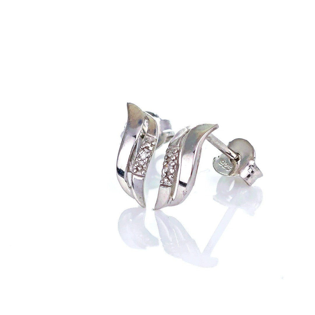 Silver Diamond Earrings Stud Wave Double