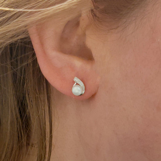 Sterling Silver Pearl Diamond Earrings Studs