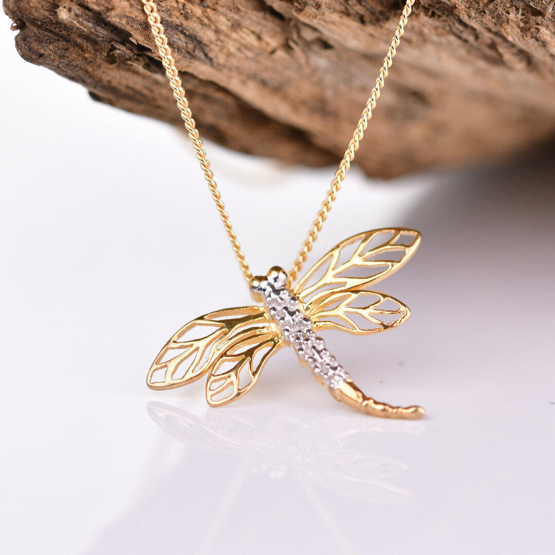 Diamond Dragon Fly Necklace Gold Plated Sterling Silver