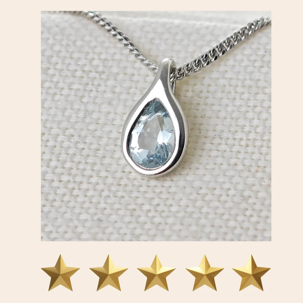 Aquamarine jewellery – necklaces, rings, earrings – designed in the UK