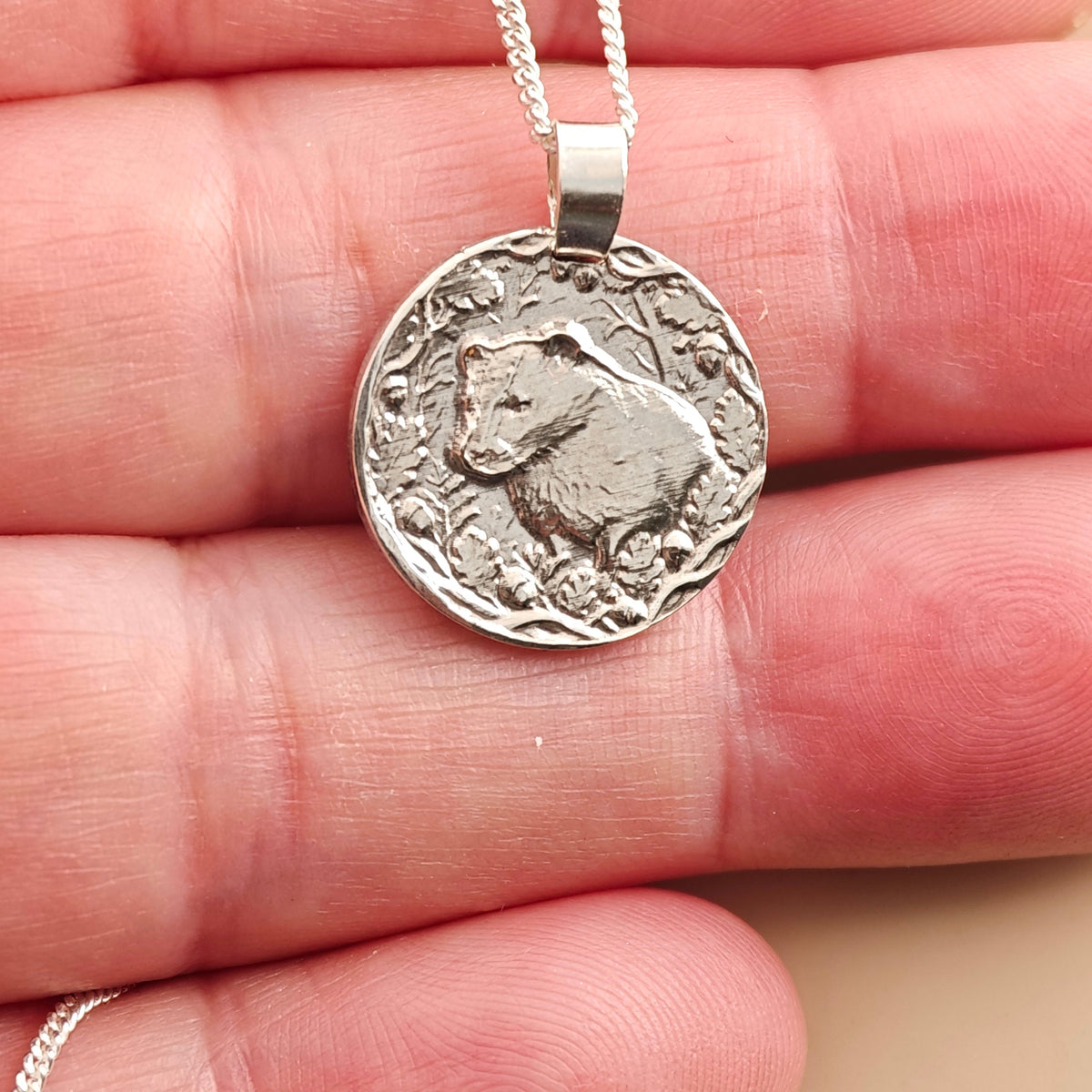 Badger Coin Necklace – Deep Engraved Recycled Sterling Silver