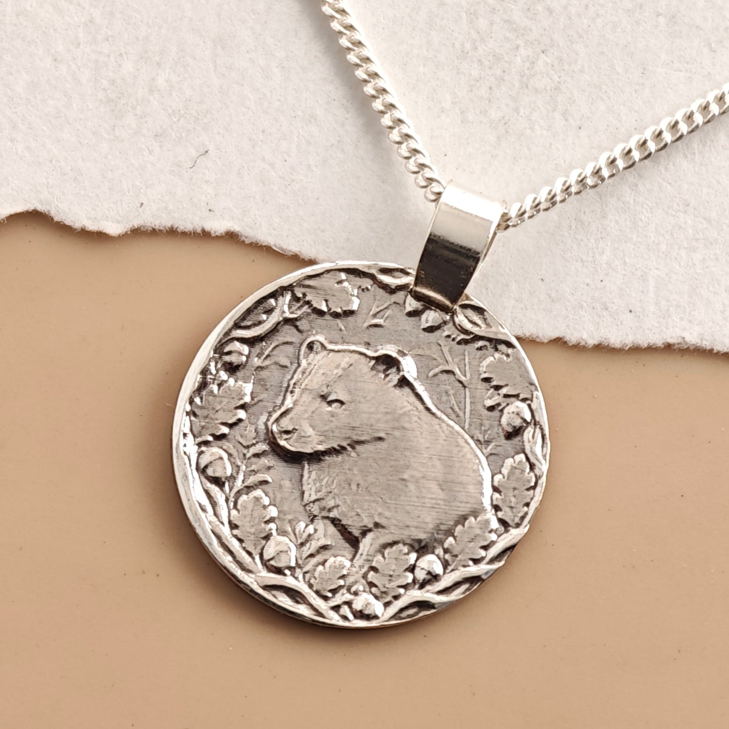 Badger Coin Necklace – Deep Engraved Recycled Sterling Silver