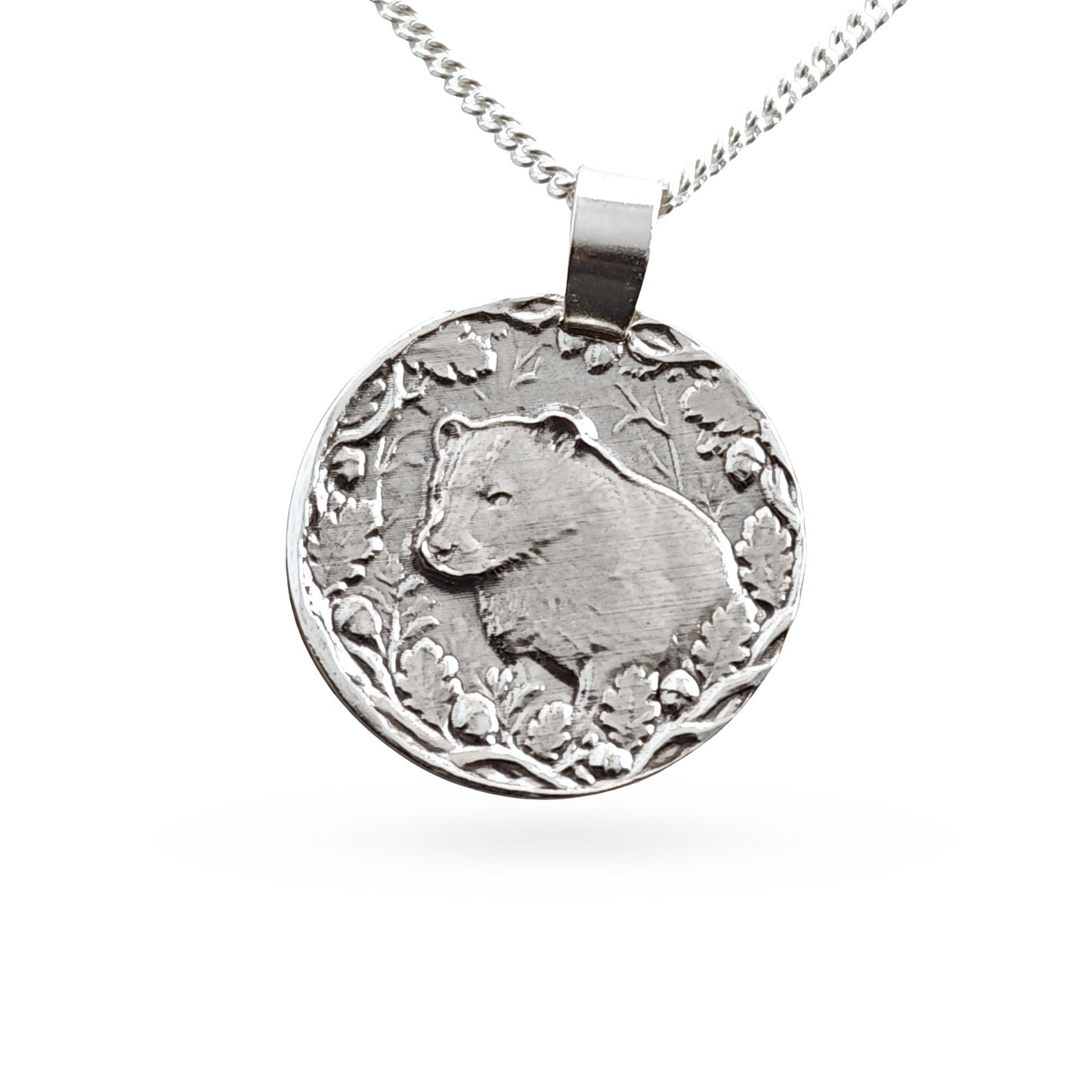 Sterling silver engraved badger coin pendant necklace, handcrafted in the UK from recycled sterling silver