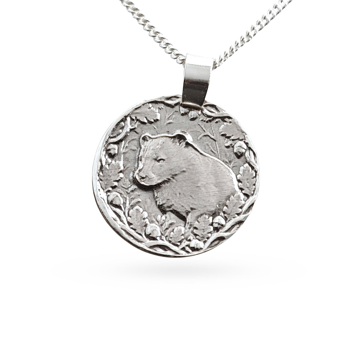 Sterling silver engraved badger coin pendant necklace, handcrafted in the UK from recycled sterling silver