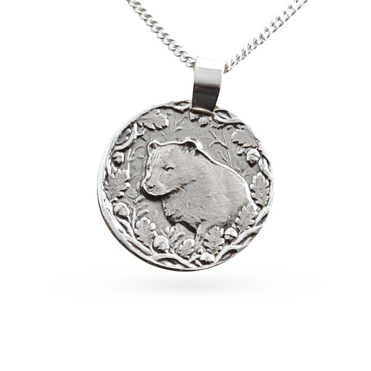 Sterling silver engraved badger coin pendant necklace, handcrafted in the UK from recycled sterling silver