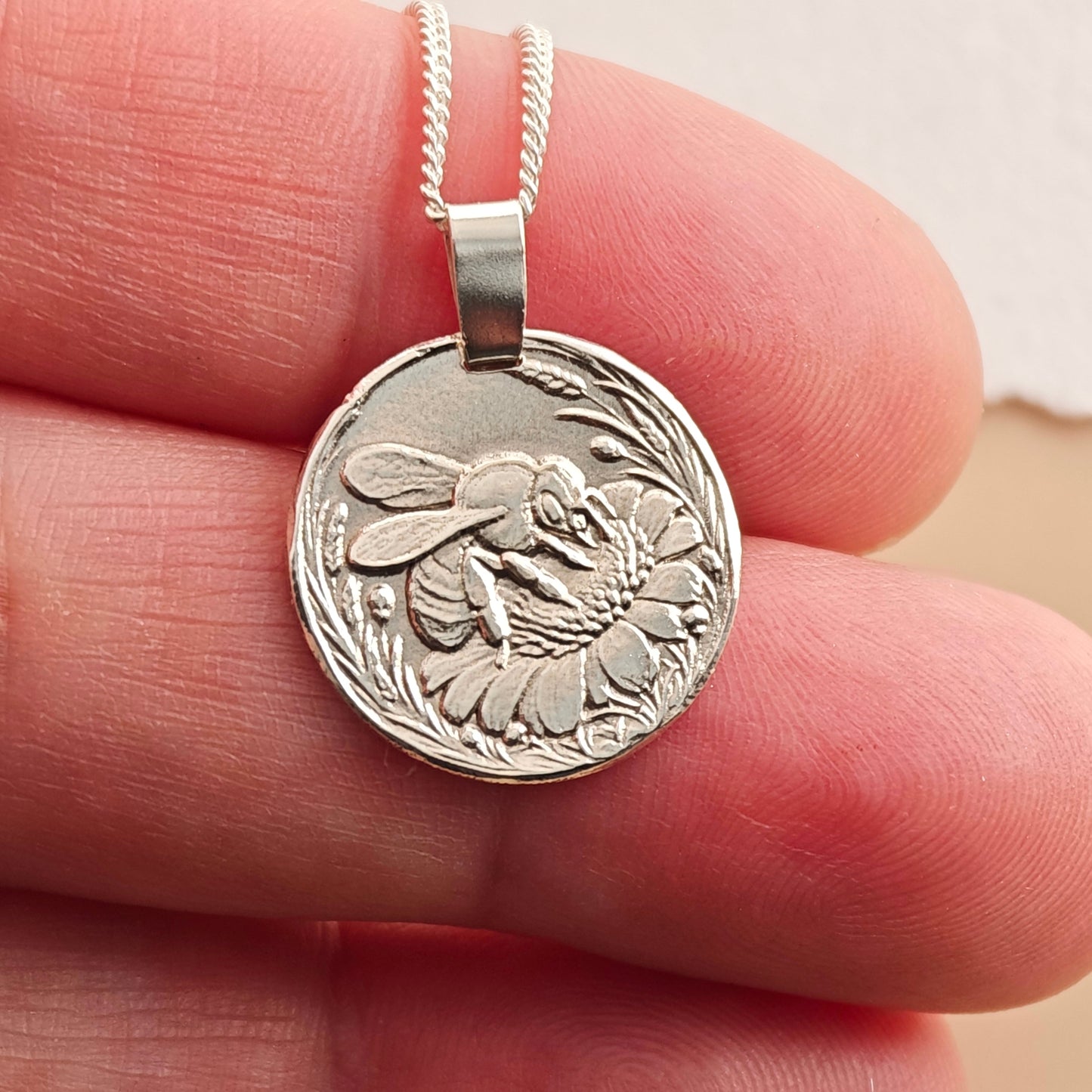 Bee Coin Necklace – Deep Engraved Recycled Sterling Silver