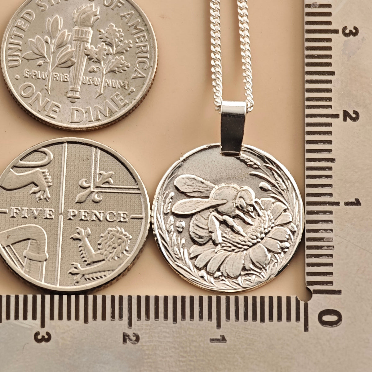 Bee Coin Necklace – Deep Engraved Recycled Sterling Silver