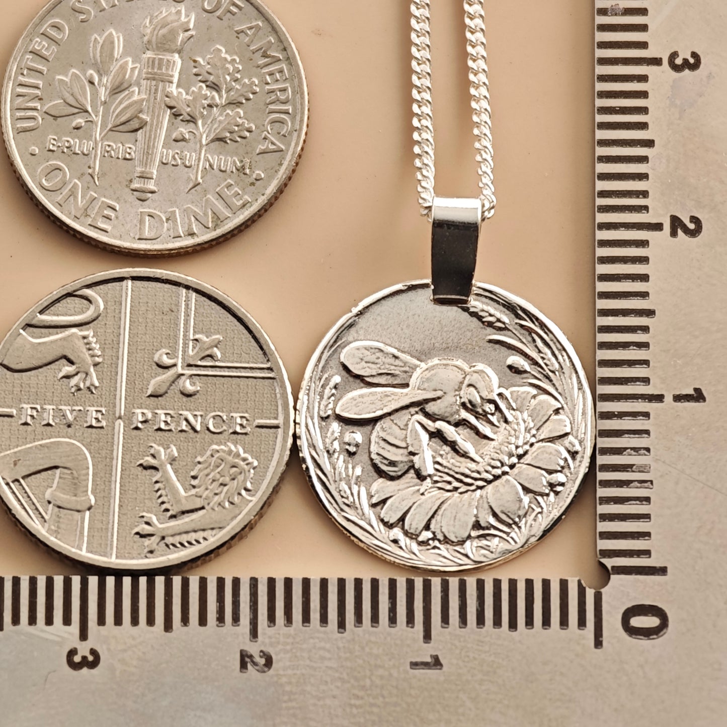 Bee Engraved Sterling Silver Coin Necklace