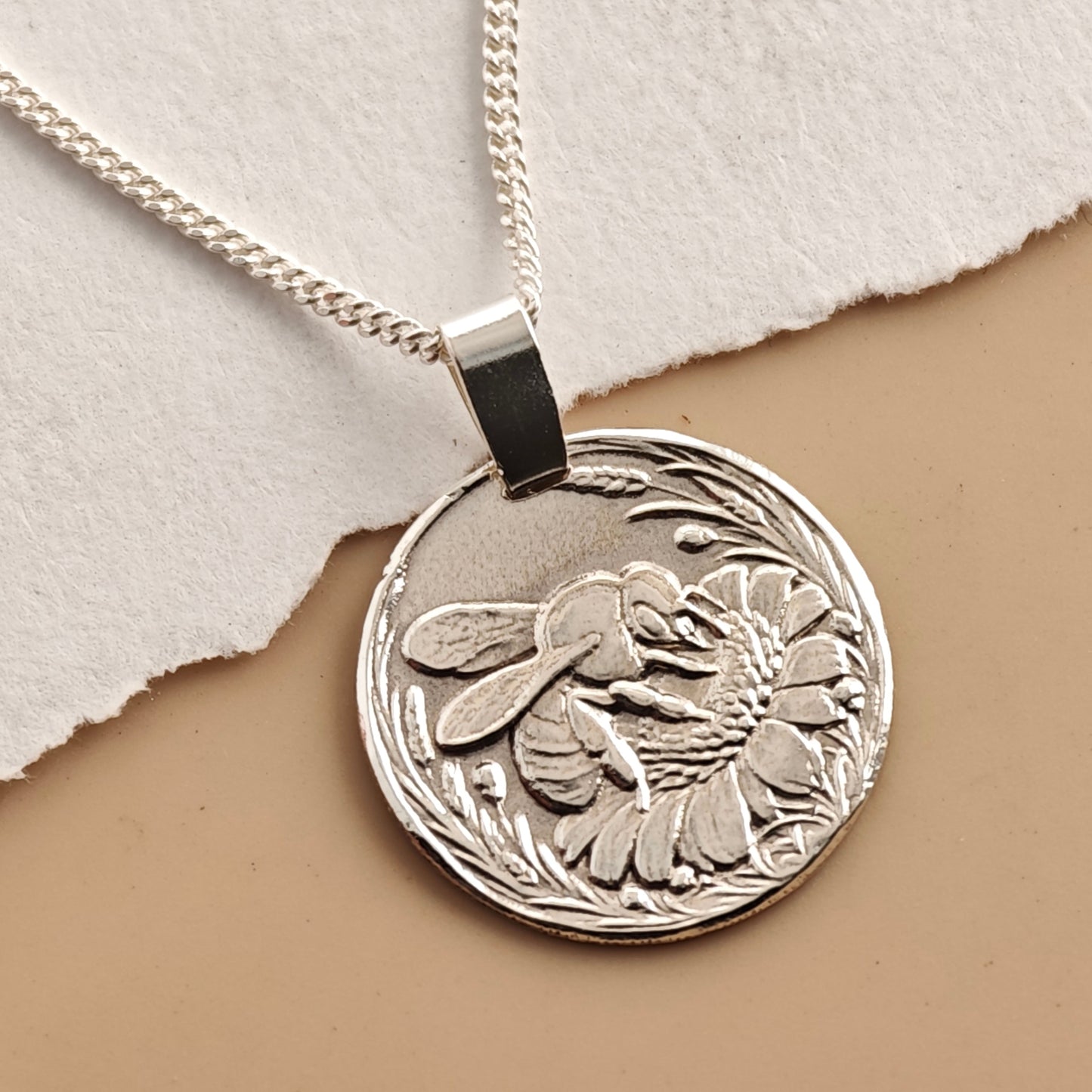 Bee Coin Necklace – Deep Engraved Recycled Sterling Silver