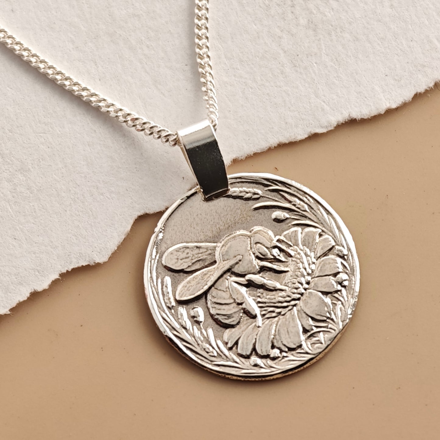 Bee Engraved Sterling Silver Coin Necklace