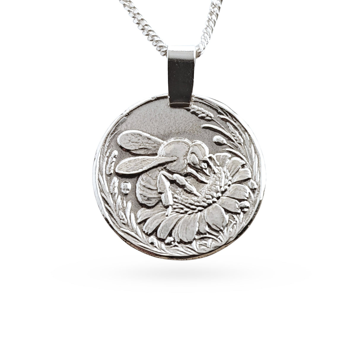 Sterling silver engraved bee coin pendant necklace, handcrafted in the UK from recycled sterling silver