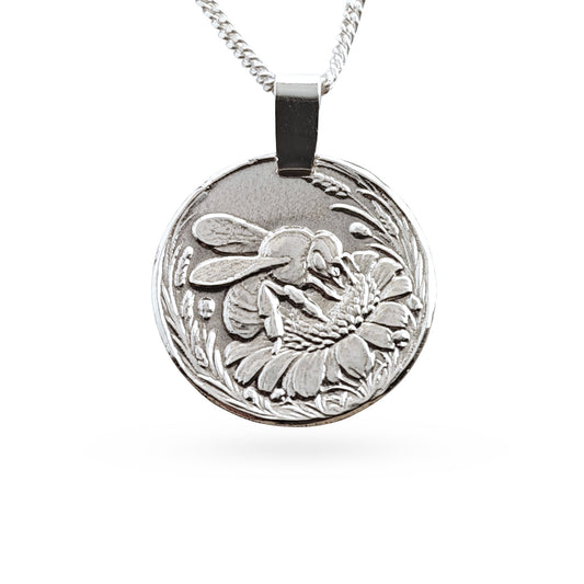 Sterling silver engraved bee coin pendant necklace, handcrafted in the UK from recycled sterling silver