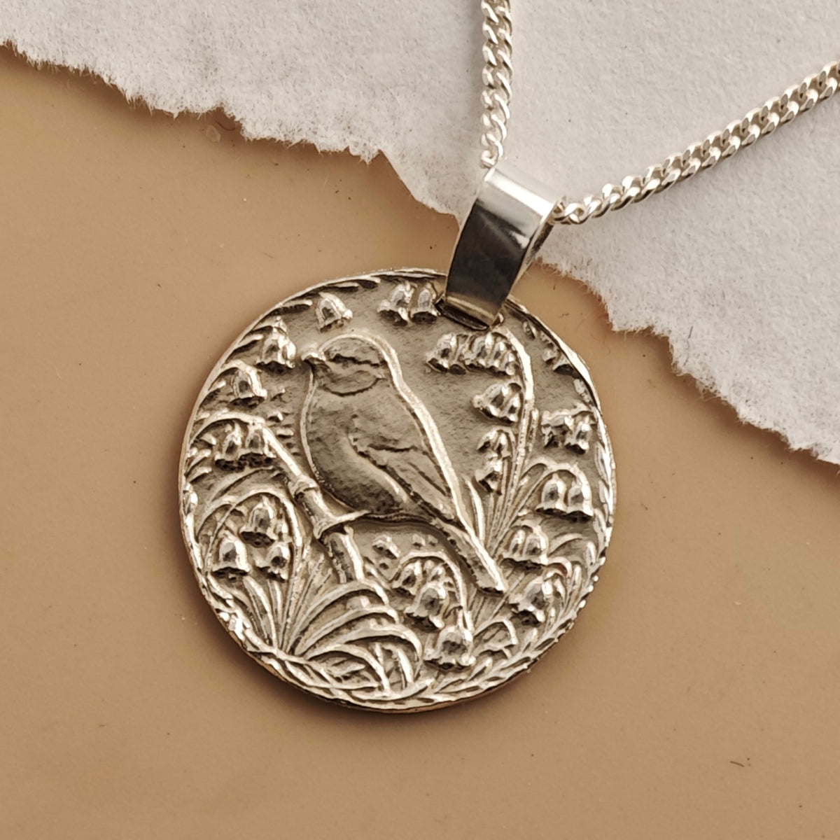 Blue Tit Coin Necklace – Deep Engraved Recycled Sterling Silver