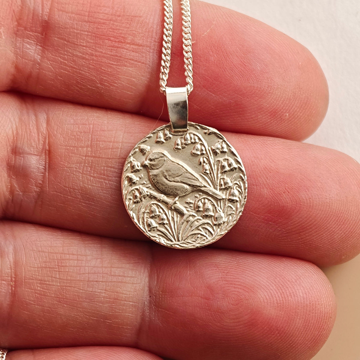 Blue Tit Coin Necklace – Deep Engraved Recycled Sterling Silver