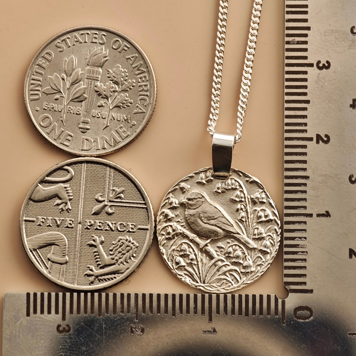 Blue Tit Coin Necklace – Deep Engraved Recycled Sterling Silver