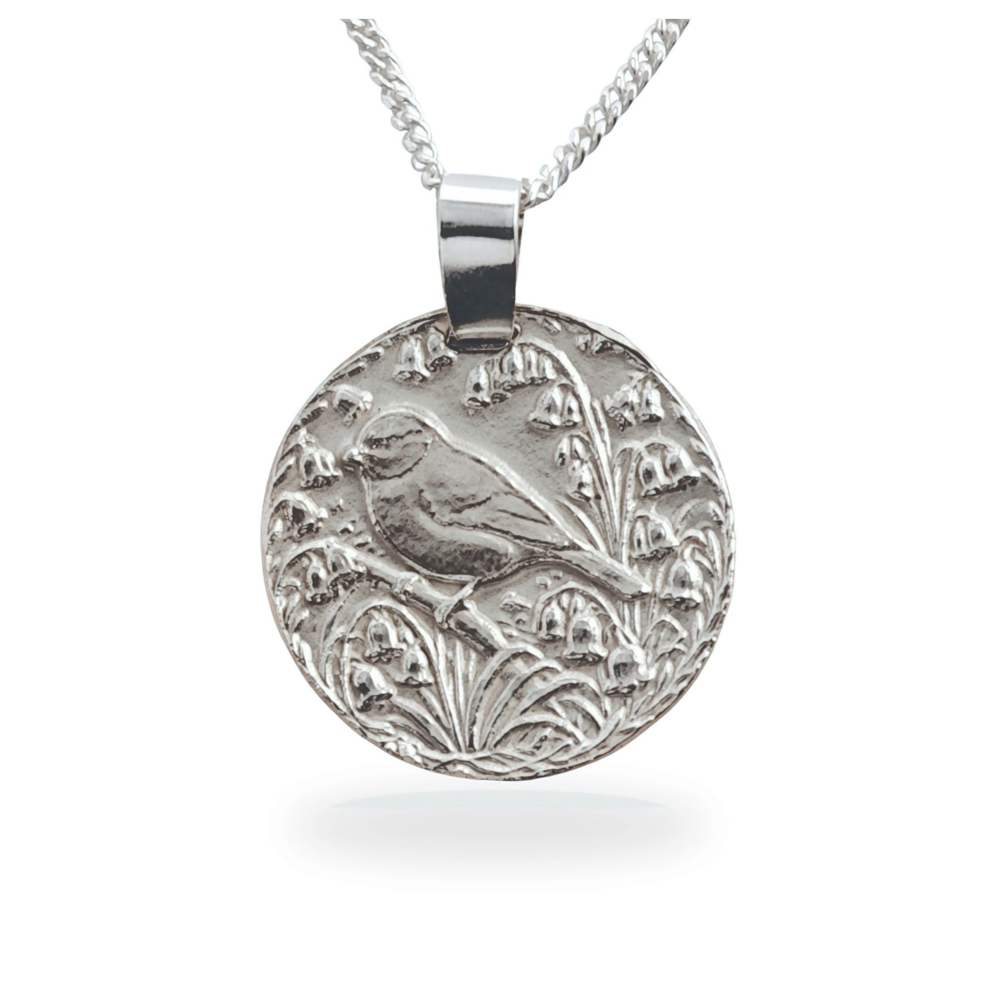 Sterling silver engraved blue tit coin pendant necklace, handcrafted in the UK from recycled sterling silver