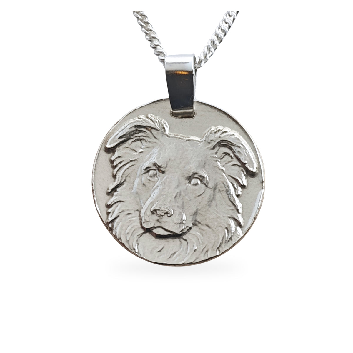 Border Collie coin pendant necklace in recycled sterling silver by Ojewellery