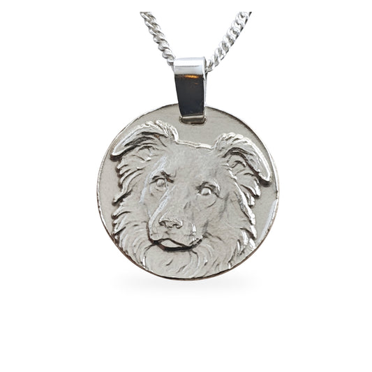 Border Collie coin pendant necklace in recycled sterling silver by Ojewellery