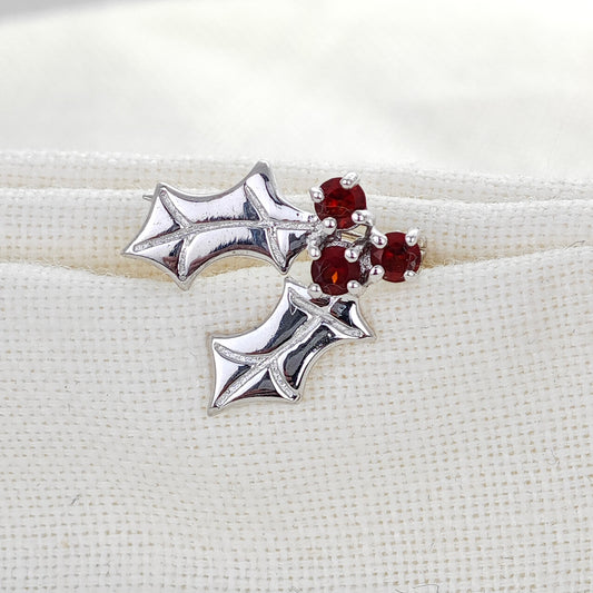 Holly Garnet Brooch Sterling Silver SMALL Natural Red Stones
