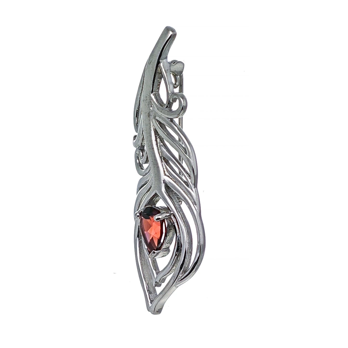 Garnet Sterling Silver Brooch Red 0.81ct Peacock Feather January Birthstone
