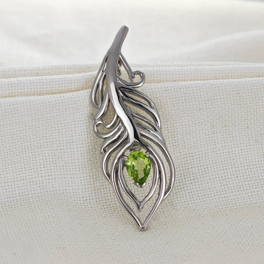 Peridot Sterling Silver Brooch Peacock Feather Boxed Gift