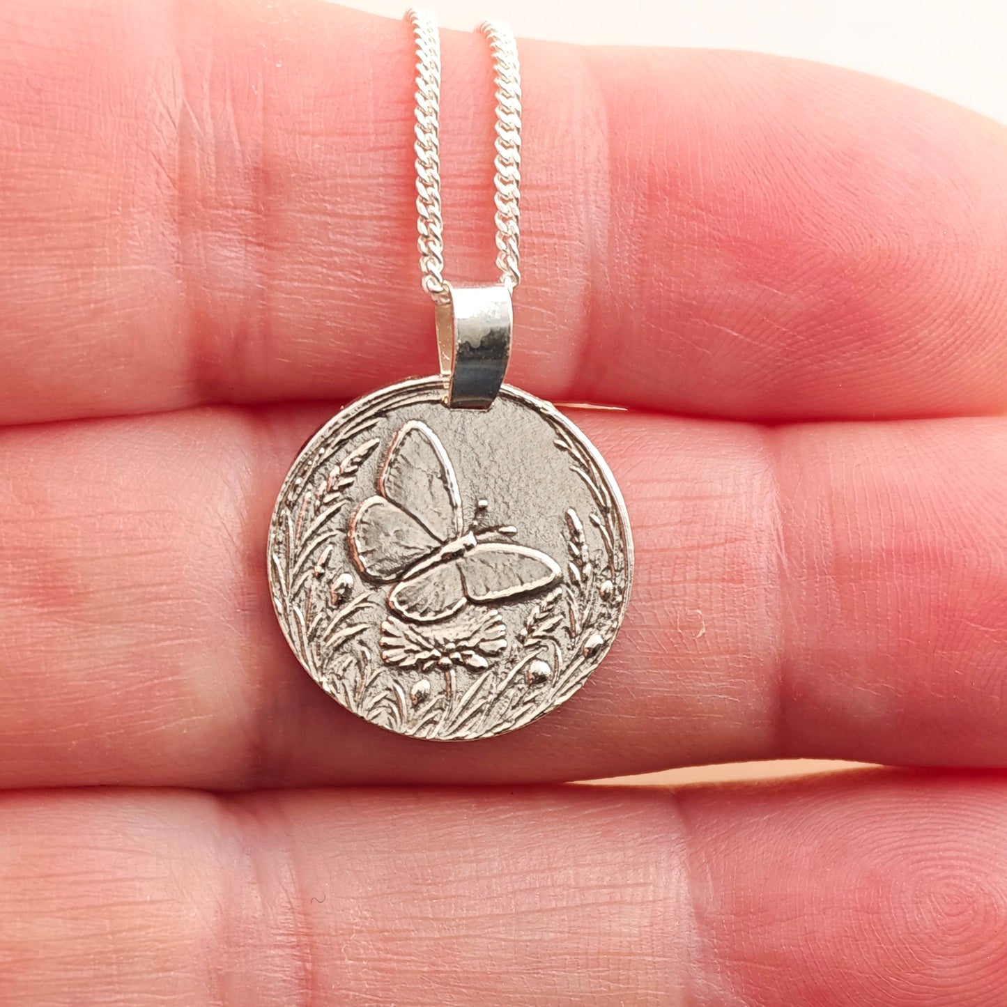 Butterfly Engraved Sterling Silver Coin Necklace