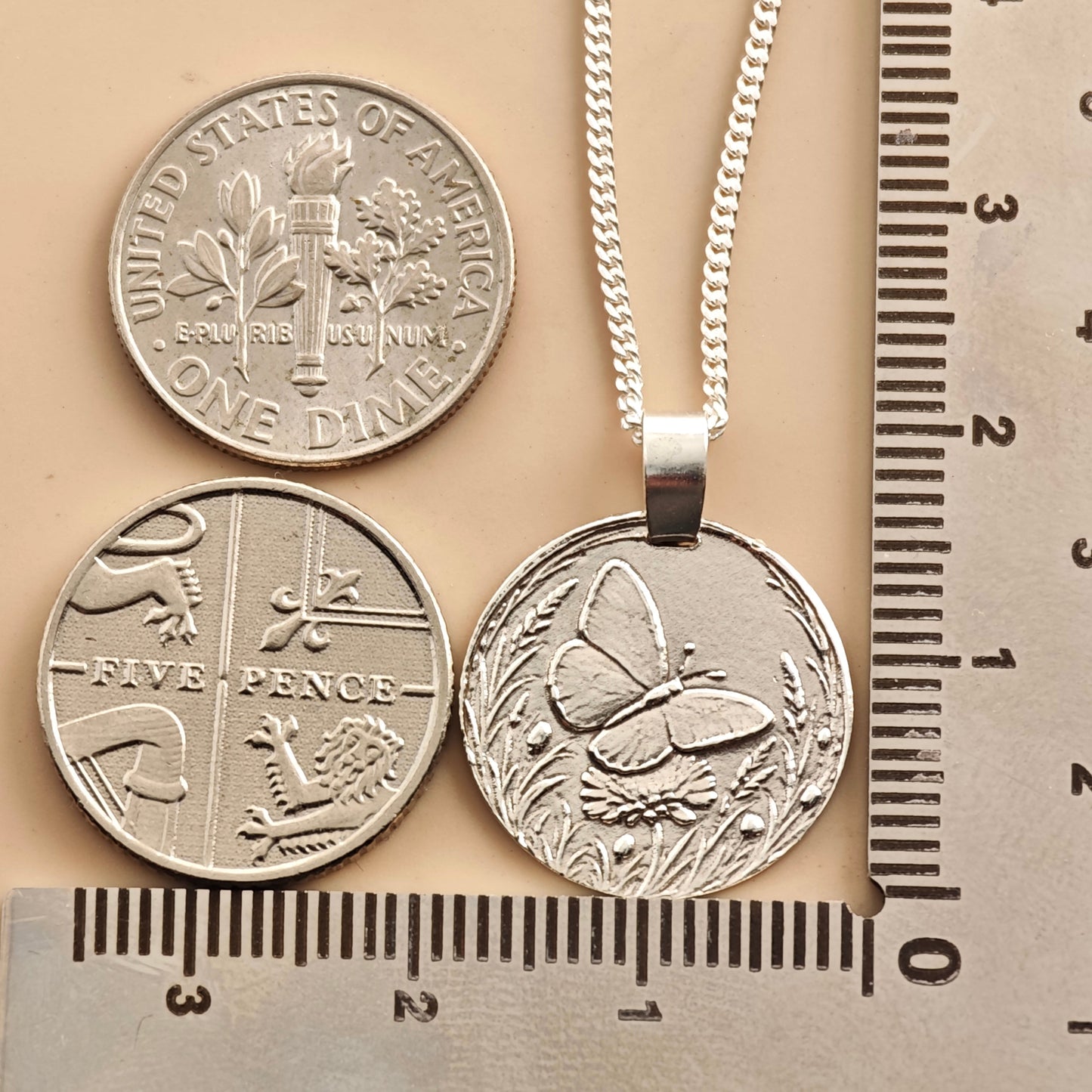 Butterfly Engraved Sterling Silver Coin Necklace