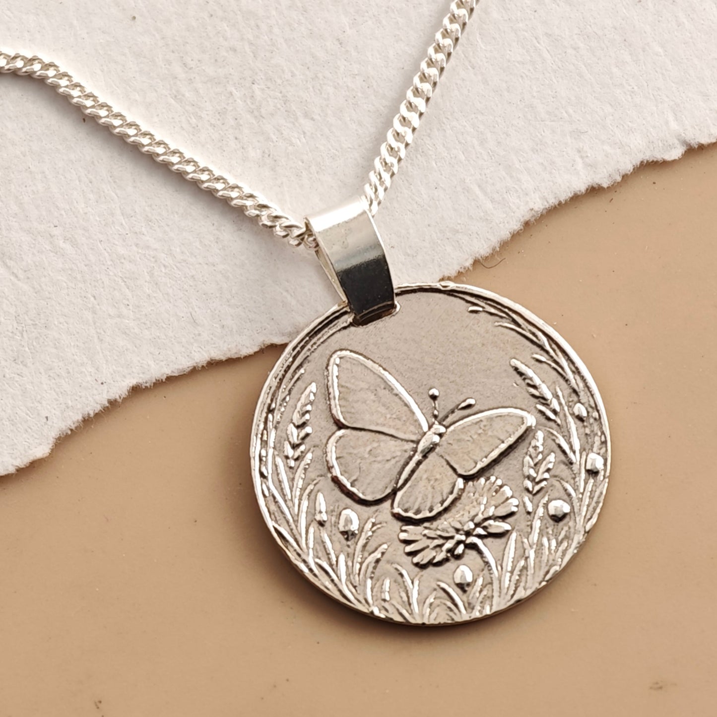 Butterfly Engraved Sterling Silver Coin Necklace