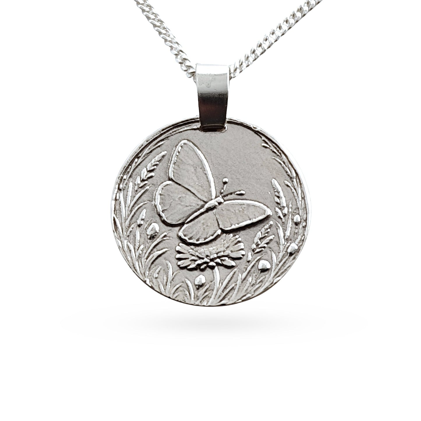 Sterling silver engraved butterfly coin pendant necklace, handcrafted in the UK from recycled sterling silver