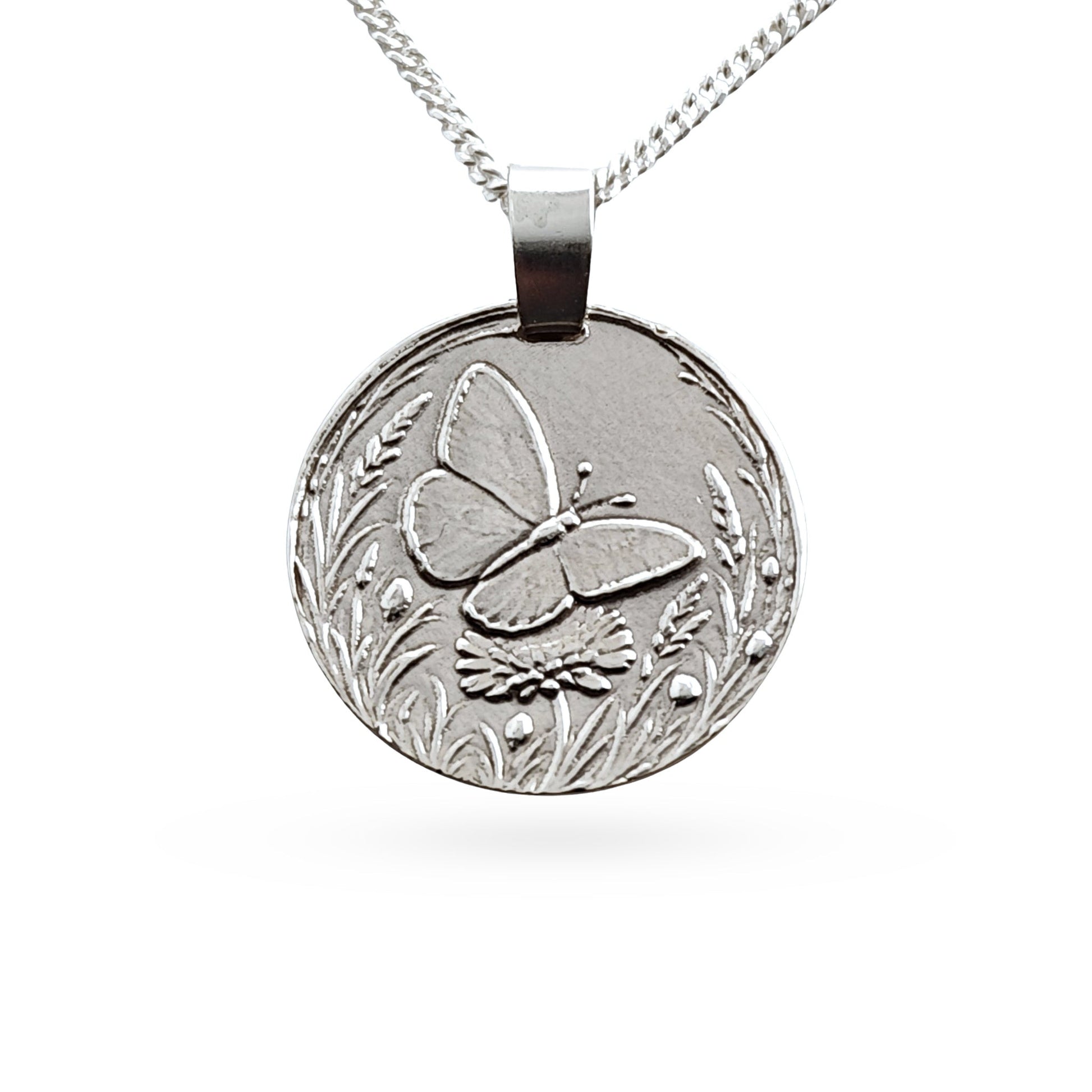 Sterling silver engraved butterfly coin pendant necklace, handcrafted in the UK from recycled sterling silver