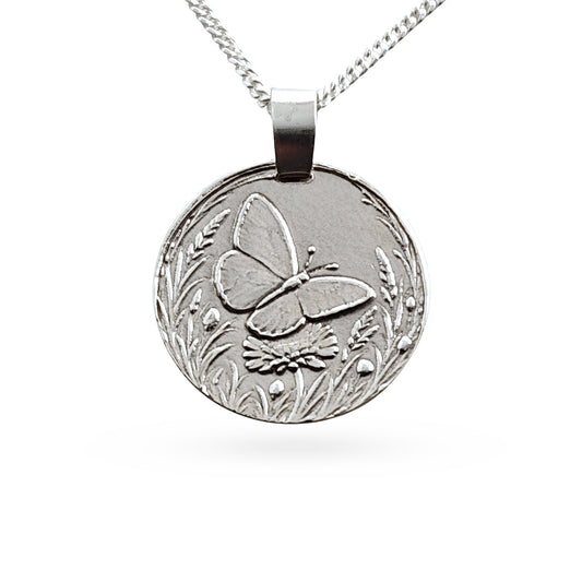 Sterling silver engraved butterfly coin pendant necklace, handcrafted in the UK from recycled sterling silver
