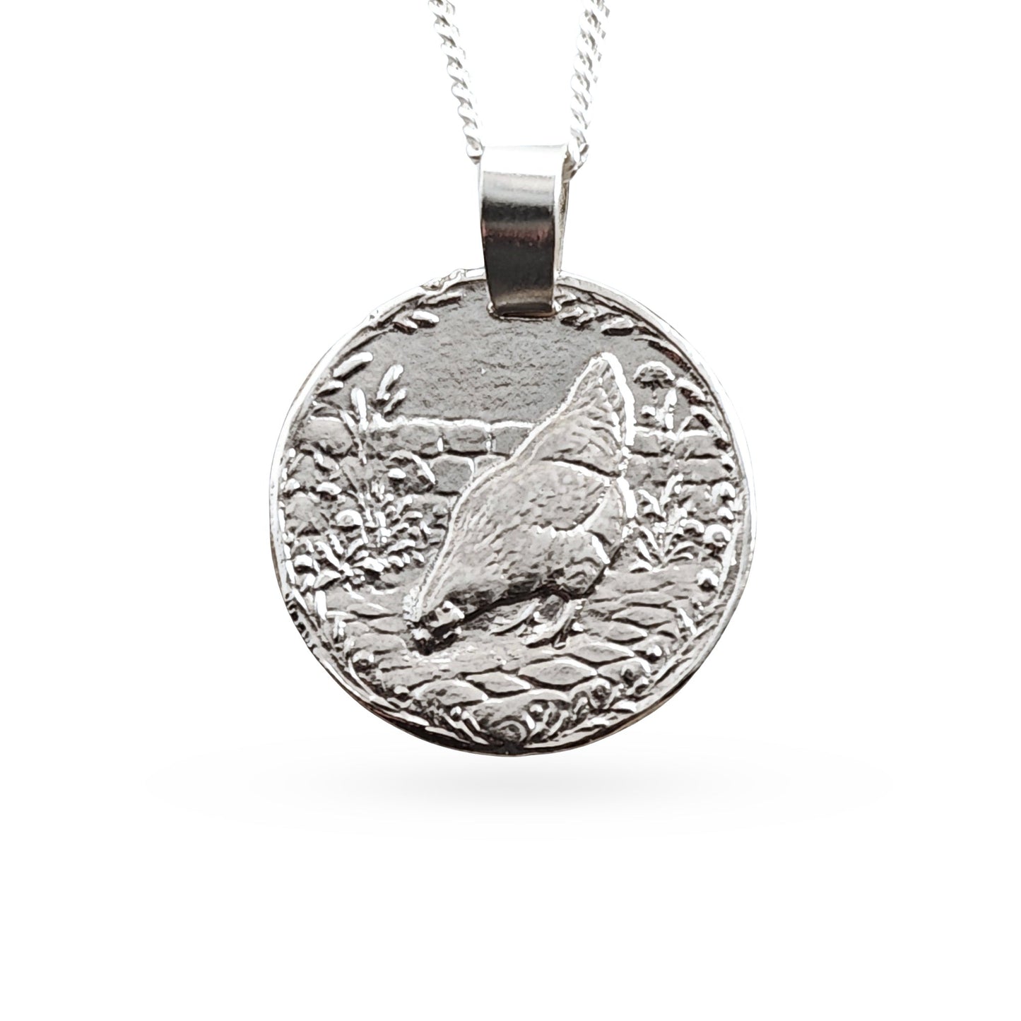 Sterling silver engraved chicken coin pendant necklace, handcrafted in the UK from recycled sterling silver