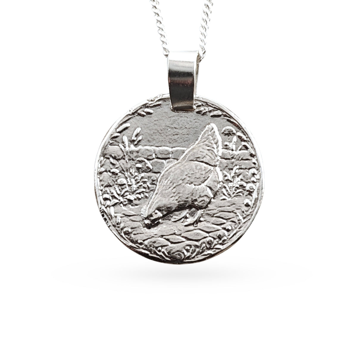 Sterling silver engraved chicken coin pendant necklace, handcrafted in the UK from recycled sterling silver